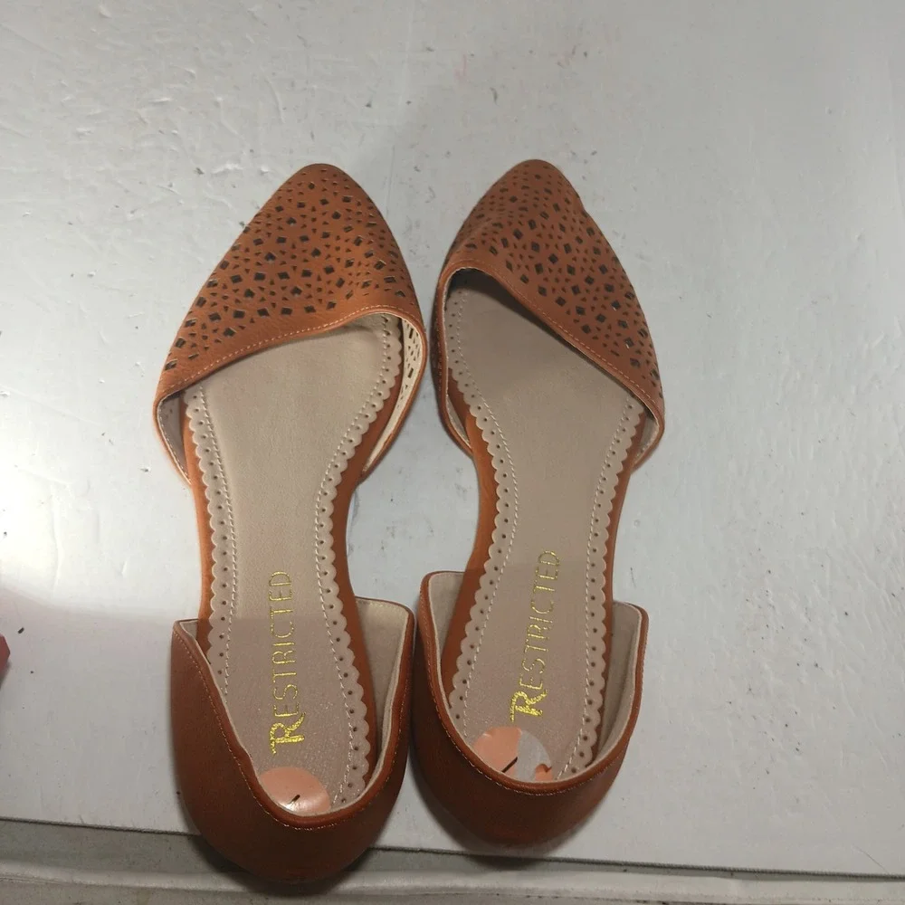 Restricted D'Orsay Flats 7 Cognac Brown Laser Cut Pointed Toe Vegan Leather Boho